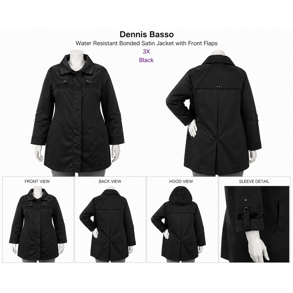 Dennis Basso Black Water Resistant Bonded Satin Jacket Hidden Hood Women 3X